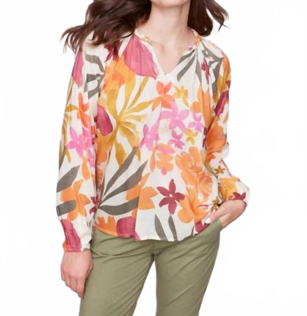 NEW CHARLIE B women's printed raglan long sleeve bouquet top in multicolor